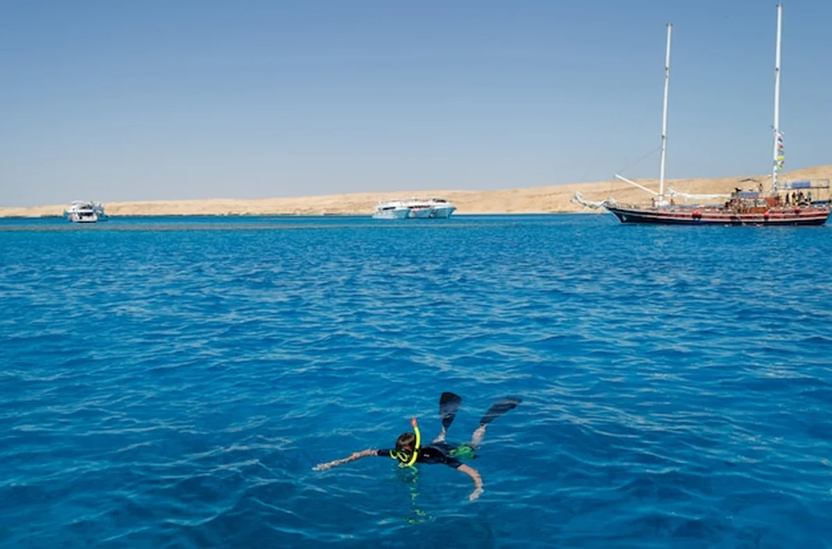 Nurek unosi się w morzu obok jachtów