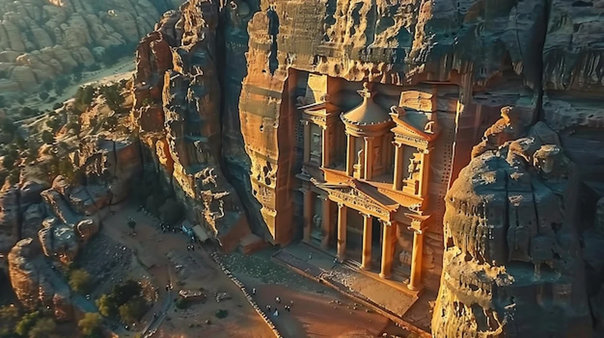 Starożytna świątynia wyrzeźbiona w zboczu góry z dużymi kolumnami i rzeźbami