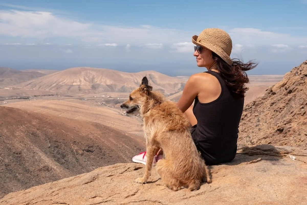 Kobieta z psem na skale przed niebem